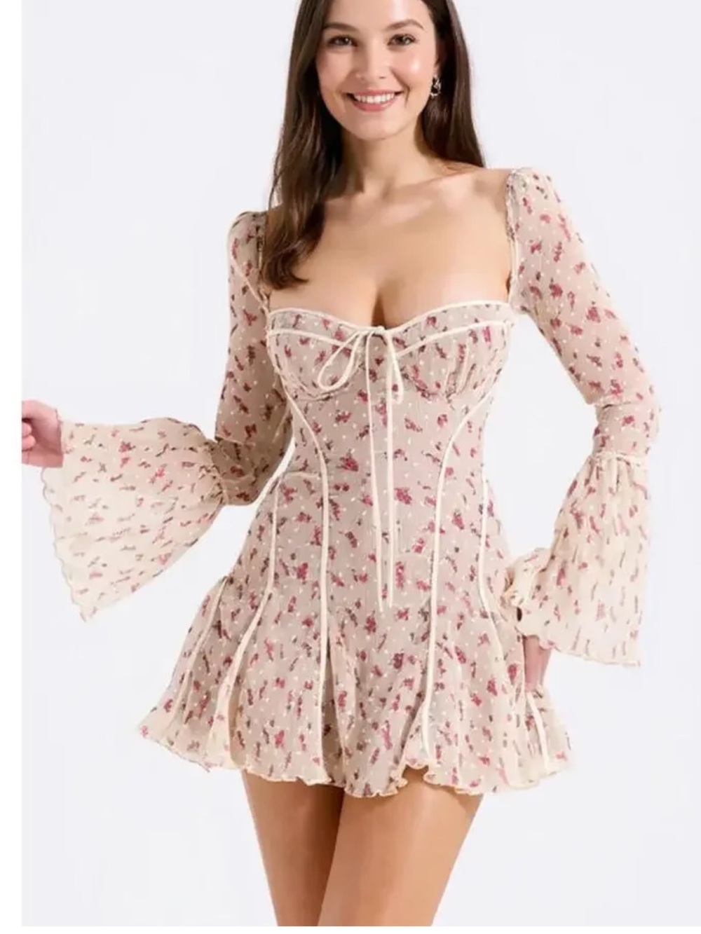 House of CB Cream Mini Dress with Pink Floral Print